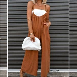 BUCKETLIST Tan Jumpsuit with Spaghetti Straps and Wide-Leg Fit
